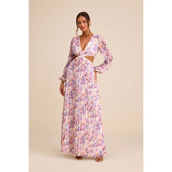 Lulu's Dresses & Skirts - Lulus Melea Ivory and Purple Floral Pleated Cutout Maxi Dress Size Small